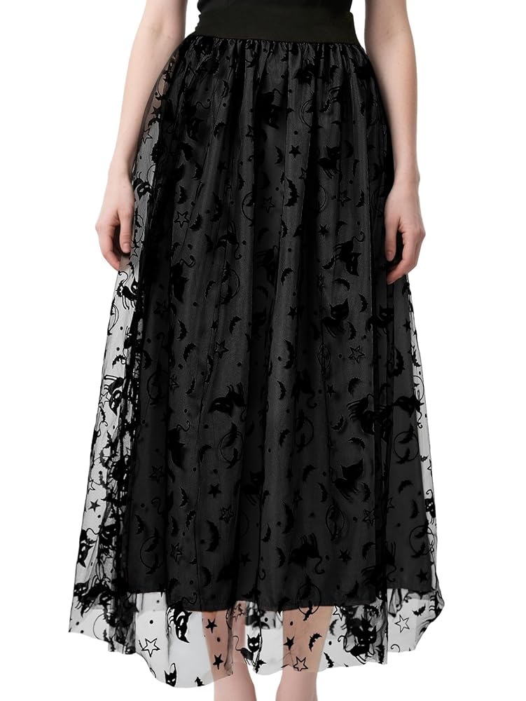 Black mesh midi skirt with bats