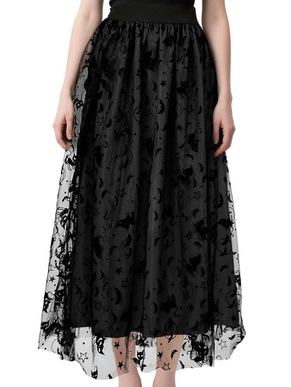 Black mesh midi skirt with bats