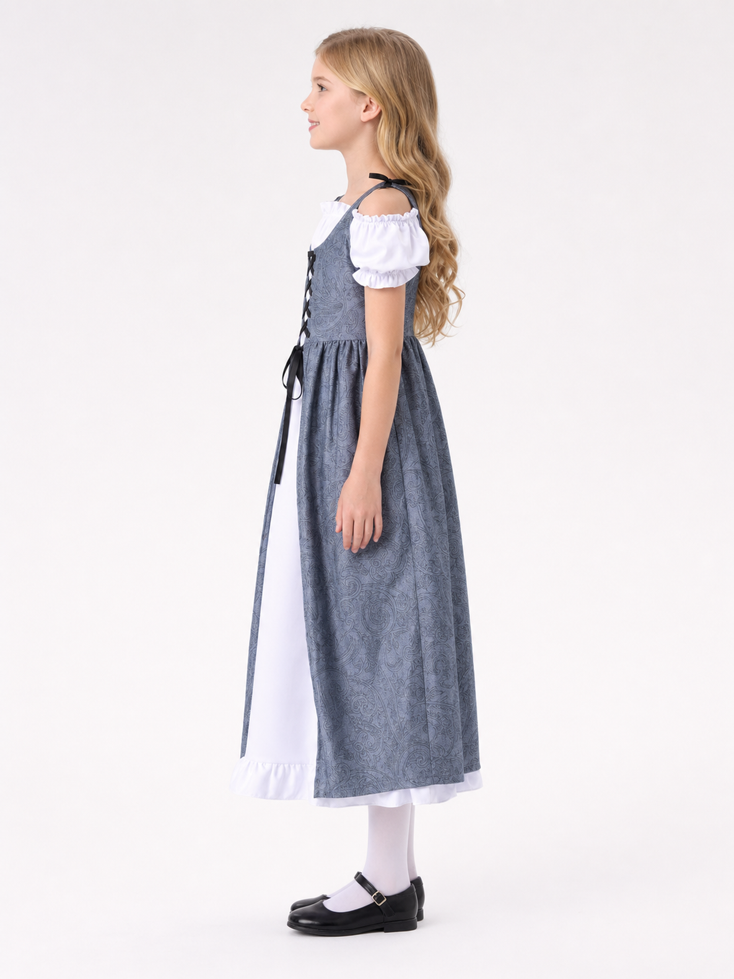 Gray princess dress with a white blouse for a party