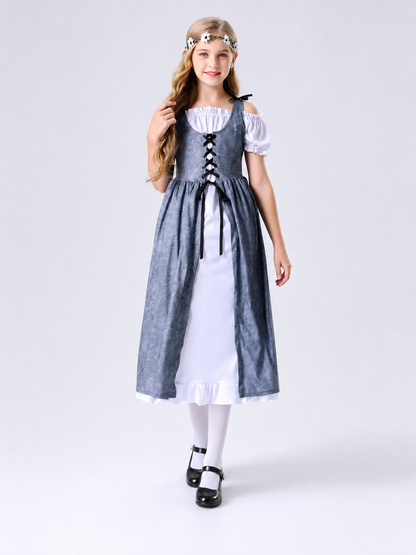 Gray princess dress with a white blouse for a party
