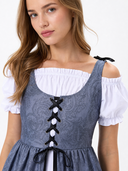 Gray princess dress with a white blouse for a party