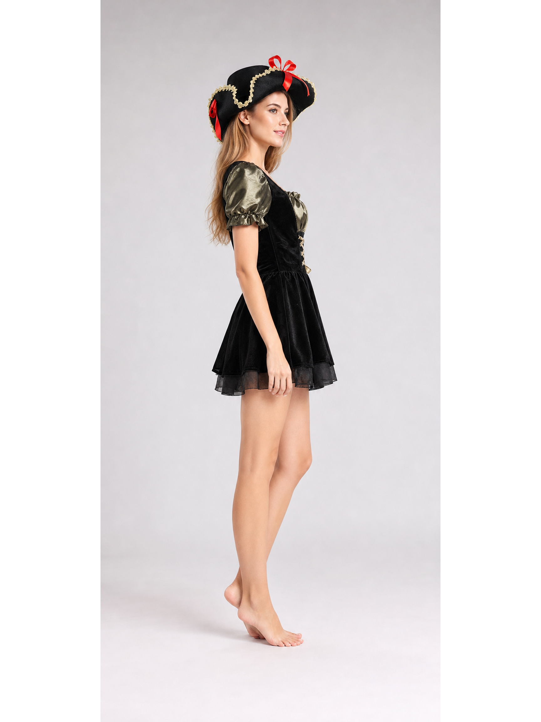 Black pirate costume with a tricorn hat for Halloween