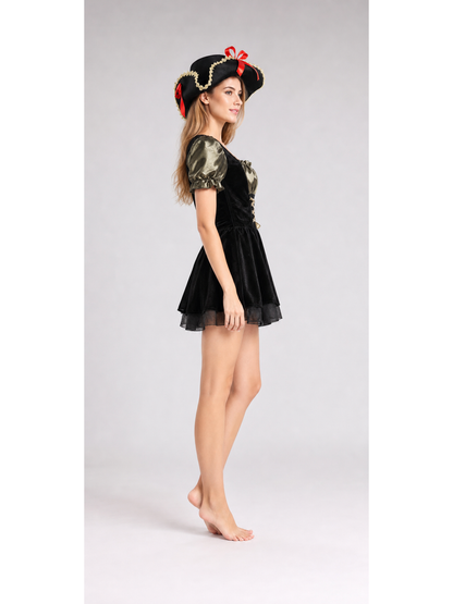 Black pirate costume with a tricorn hat for Halloween