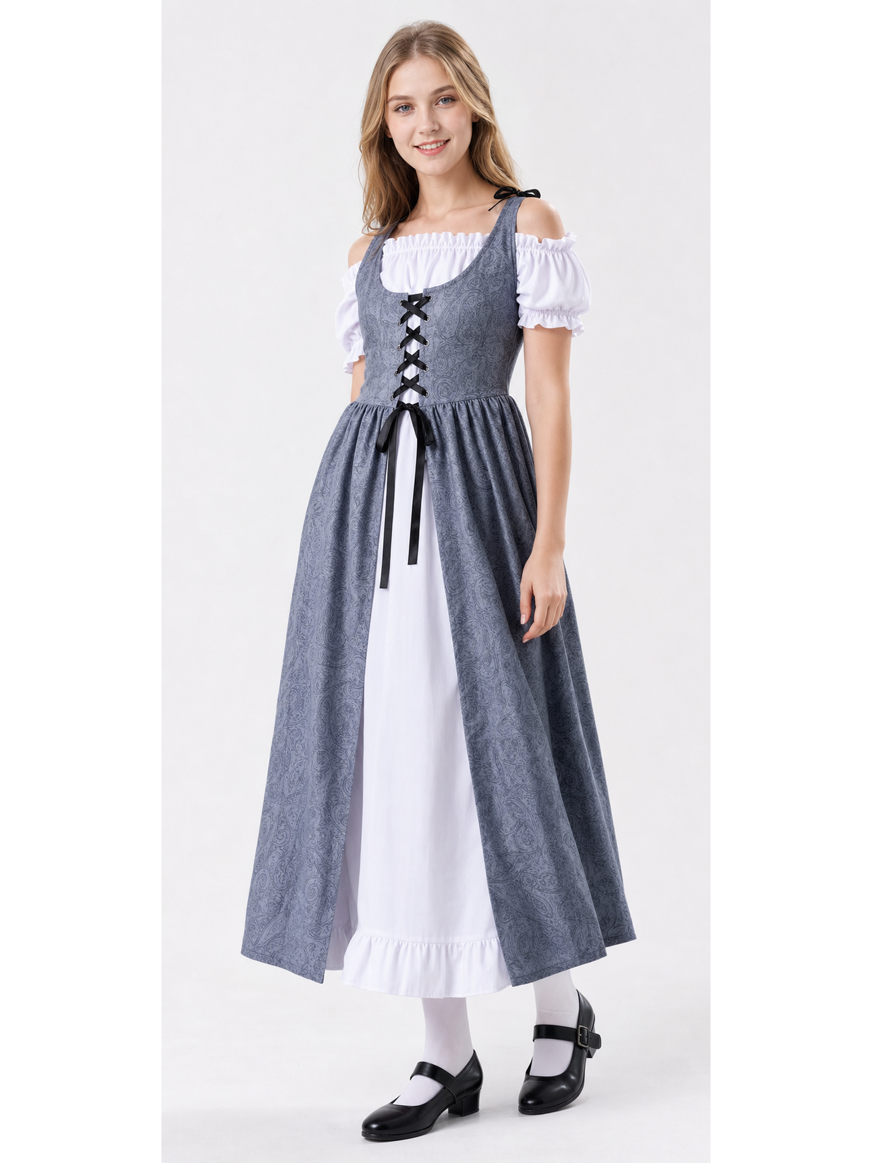 Gray princess dress with a white blouse for a party