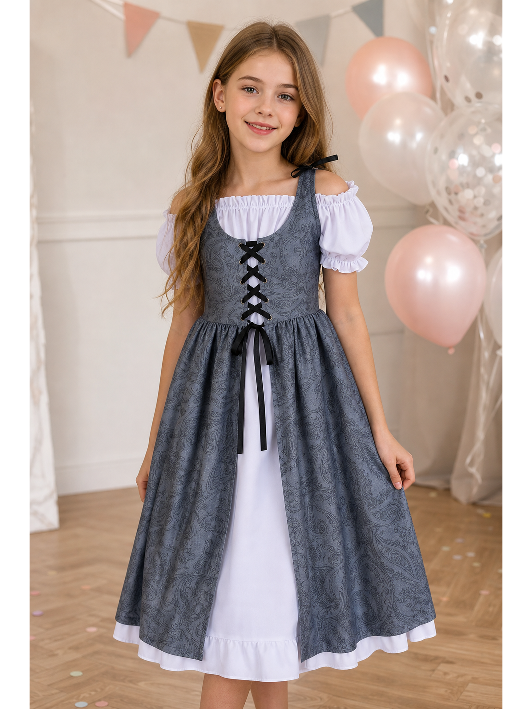 Gray princess dress with a white blouse for a party