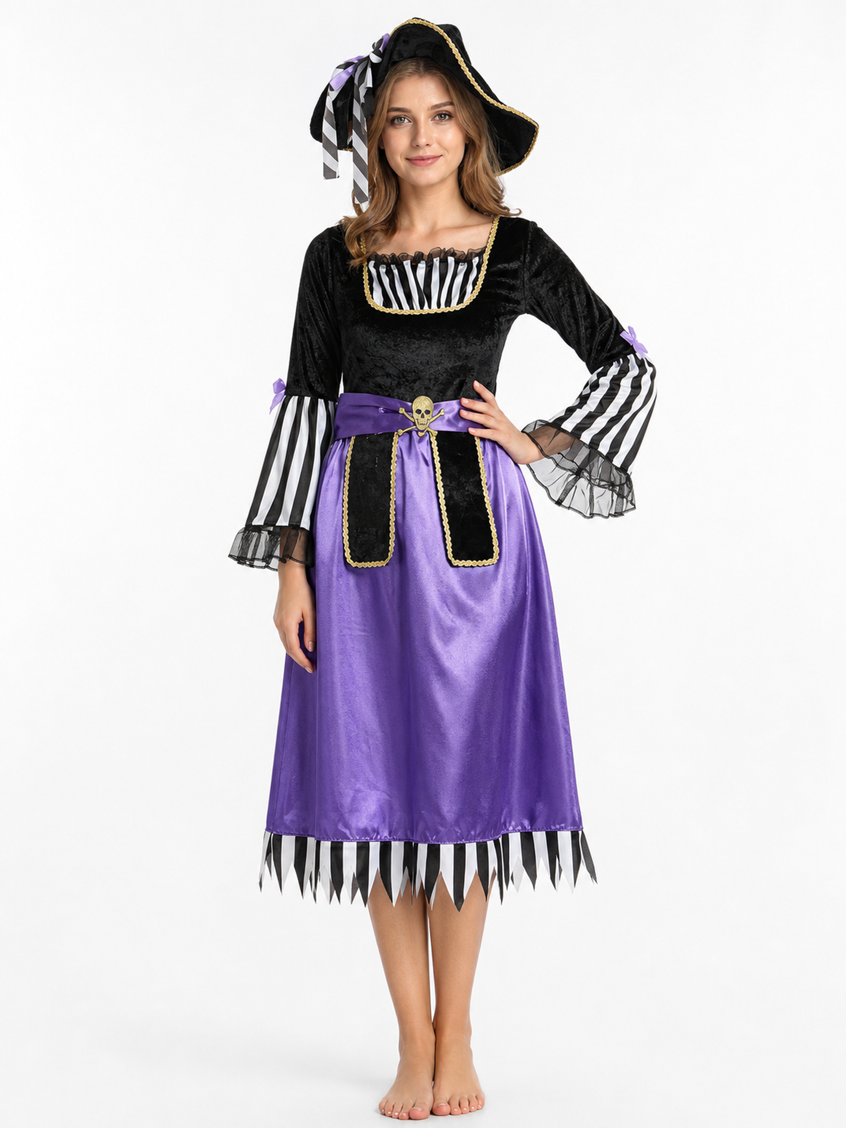 Purple Pirate Costume with Tricorn Hat for Halloween