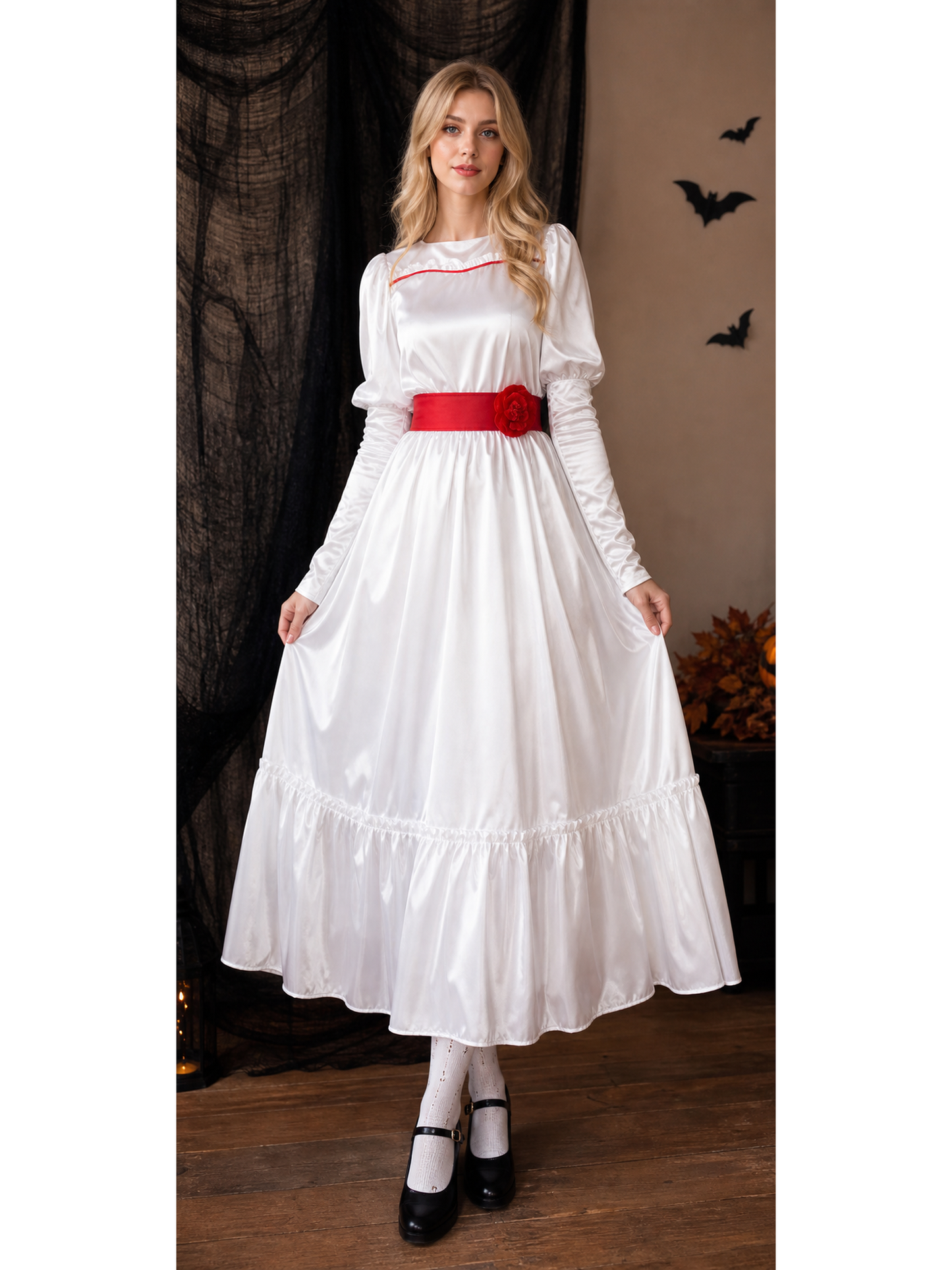White Dress with a Red Belt for Halloween