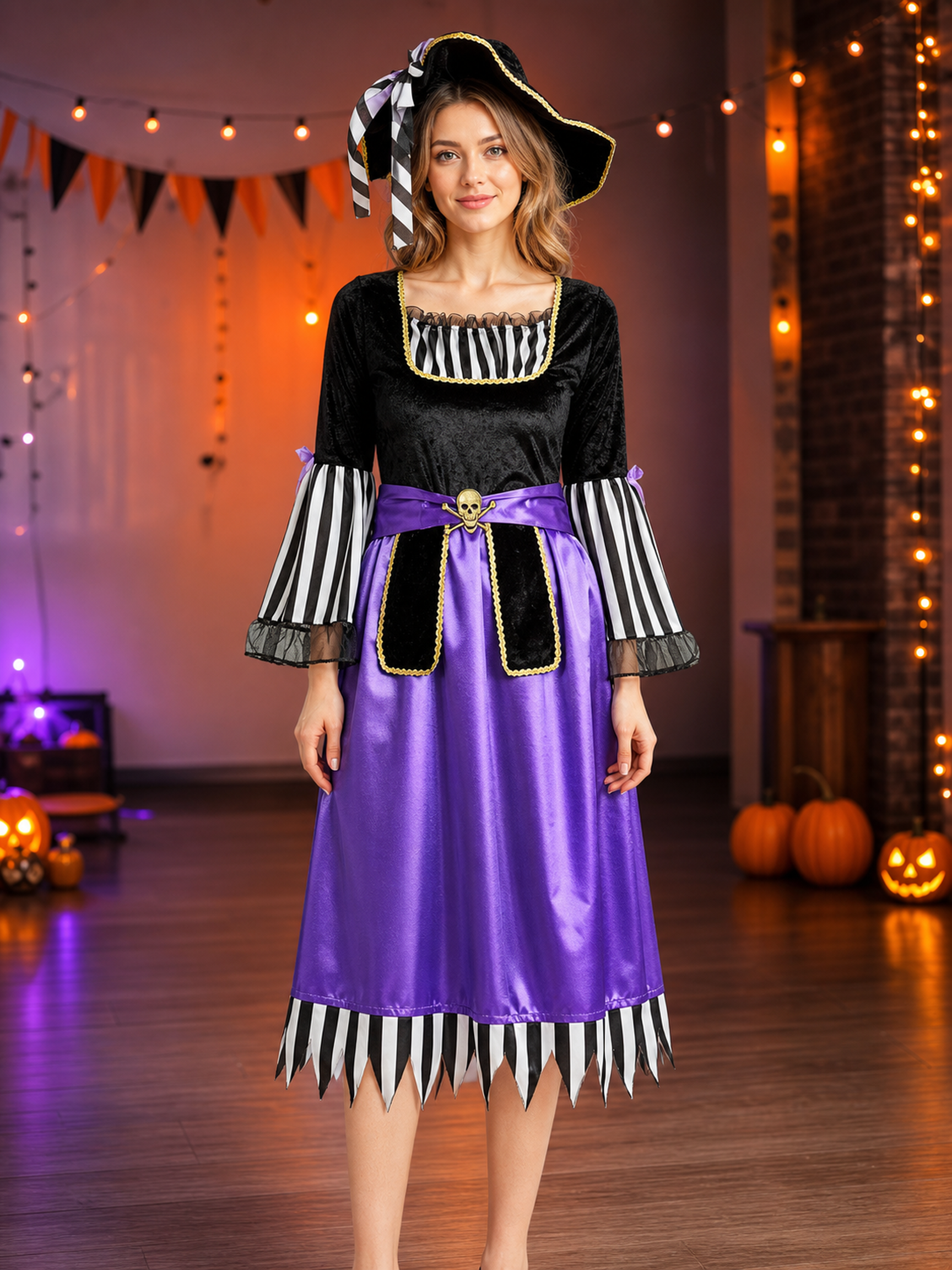 Purple Pirate Costume with Tricorn Hat for Halloween