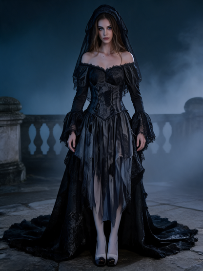 Ghost Bride Costume with Long Sleeves for Halloween