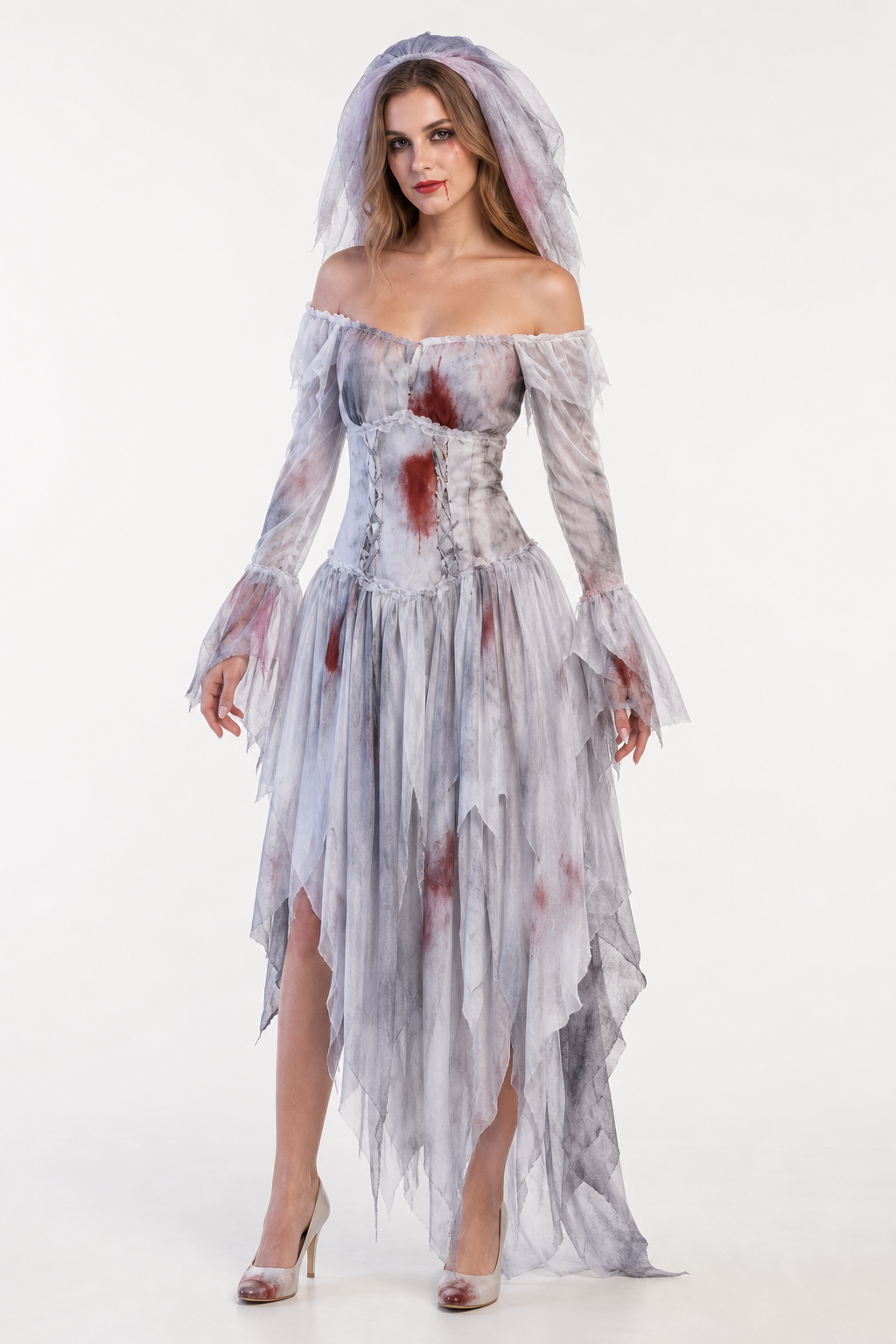 Ghost Bride Costume with Long Sleeves for Halloween