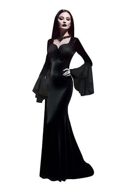 Black satin-look floor-length dress on a full-body model, with a fitted silhouette, sweetheart neckline, and layered flared sleeves
