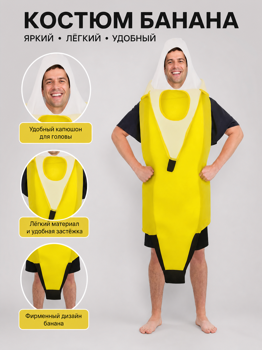 Information card showing a yellow banana costume on a man, with a white hood, front opening, fastener, and pointed black-trimmed base
