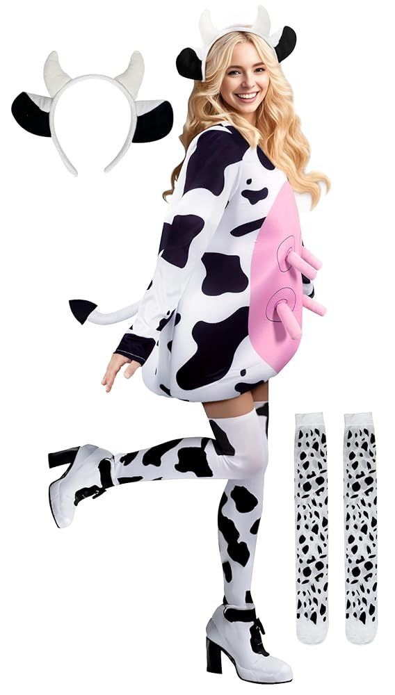 Adult Cow Costume with Headband, Tail, and Leg Warmers
