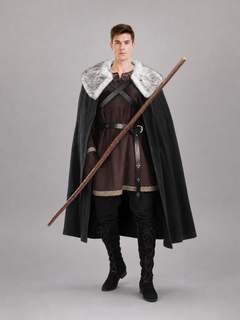 Black Medieval Cape with Faux Fur Collar – Long Renaissance Cloak Costume for Adults