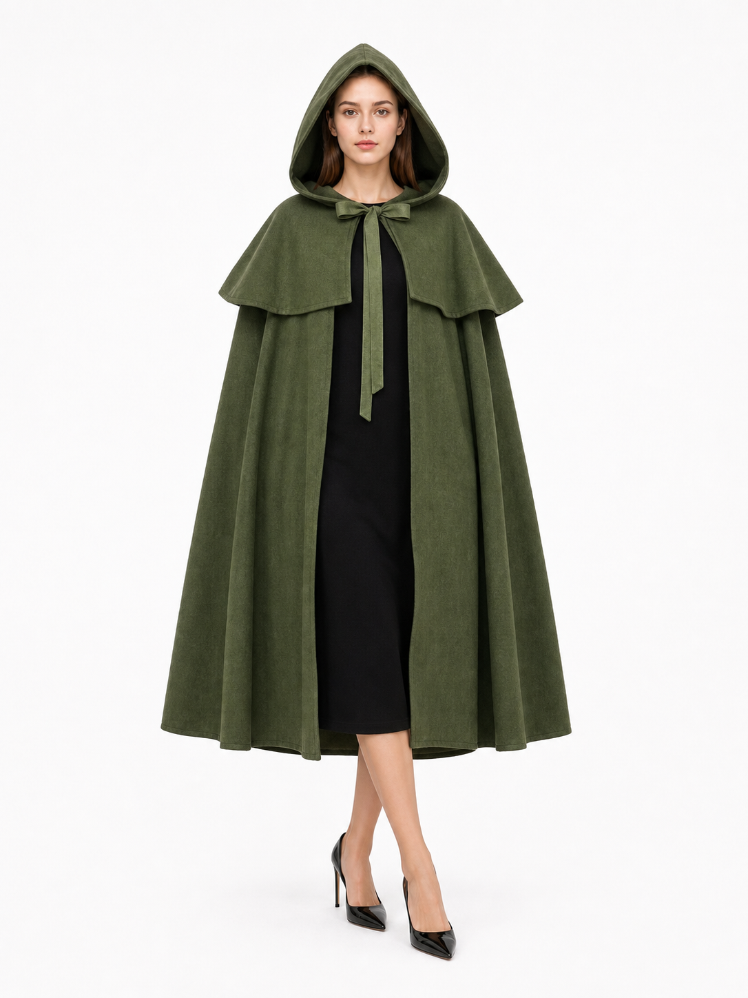 Olive green cloak shown full-body with the hood raised, layered shoulder cape, tied neckline, and wide flared hem