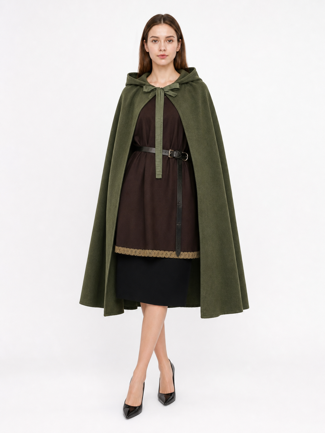 Olive green hooded cape with front tie ribbons, layered over a brown belted costume dress and shown full-body on a model