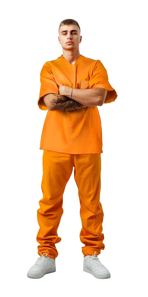 Men's Orange Prison Costume Two-Piece Set, Short-Sleeve Top With Chest Pocket And Matching Long Pants For Role Play