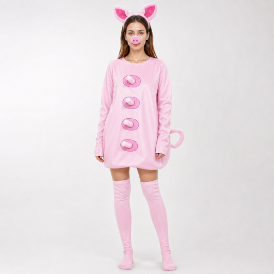Full-body model wearing a smooth pink pig costume with long sleeves, four raised front details, pig ears, snout, curled tail, and thigh-high stockings