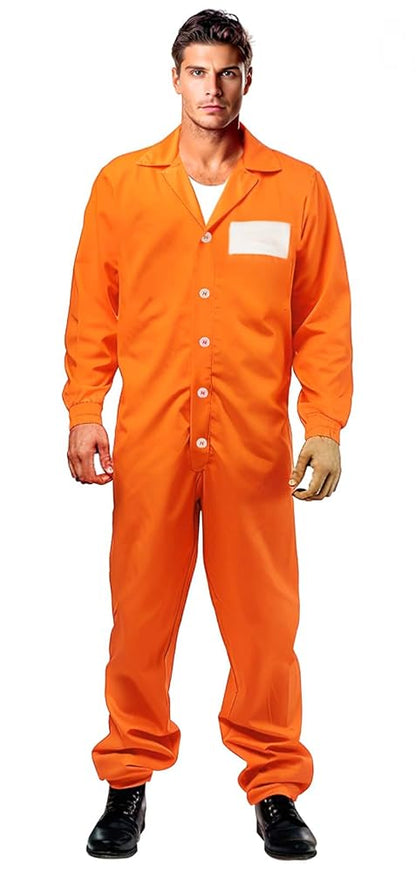 Full-body model wearing an orange long-sleeve jumpsuit with pointed collar, white chest patch, front buttons, and black boots