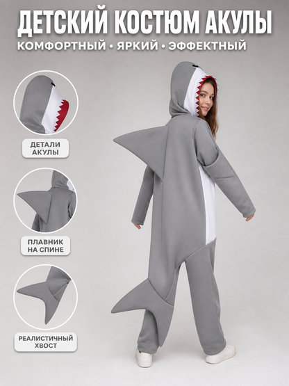 Information card showing a child wearing the gray shark jumpsuit, with close-ups of the hood, back fin, and realistic tail