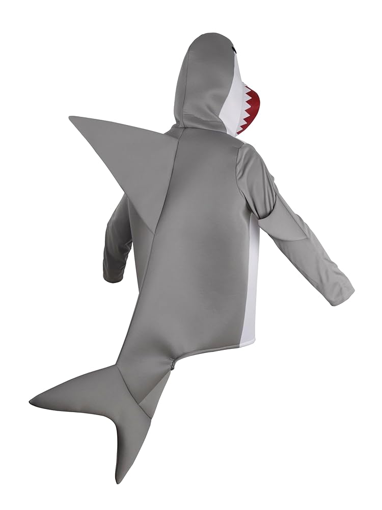 Gray shark jumpsuit shown from the back on a white background, with a hood, dorsal fin, long sleeves, white side panel, and attached tail