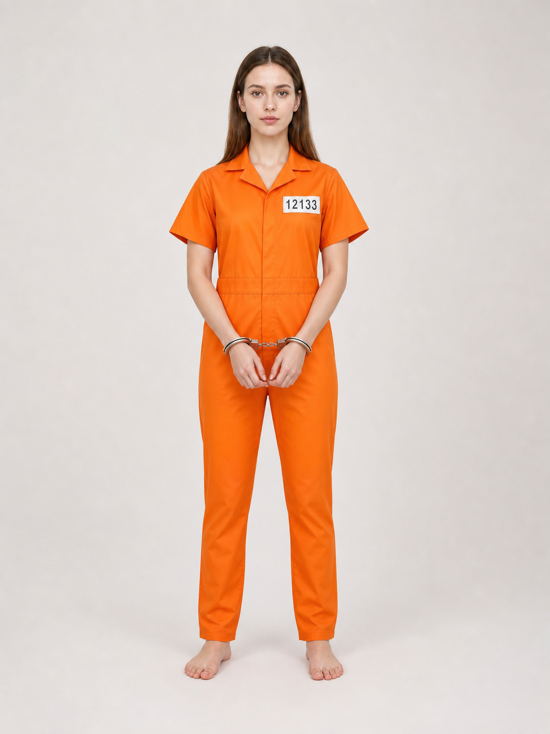 Orange short-sleeve jumpsuit shown full-body on a model with a collar, front closure, number patch, and handcuffs