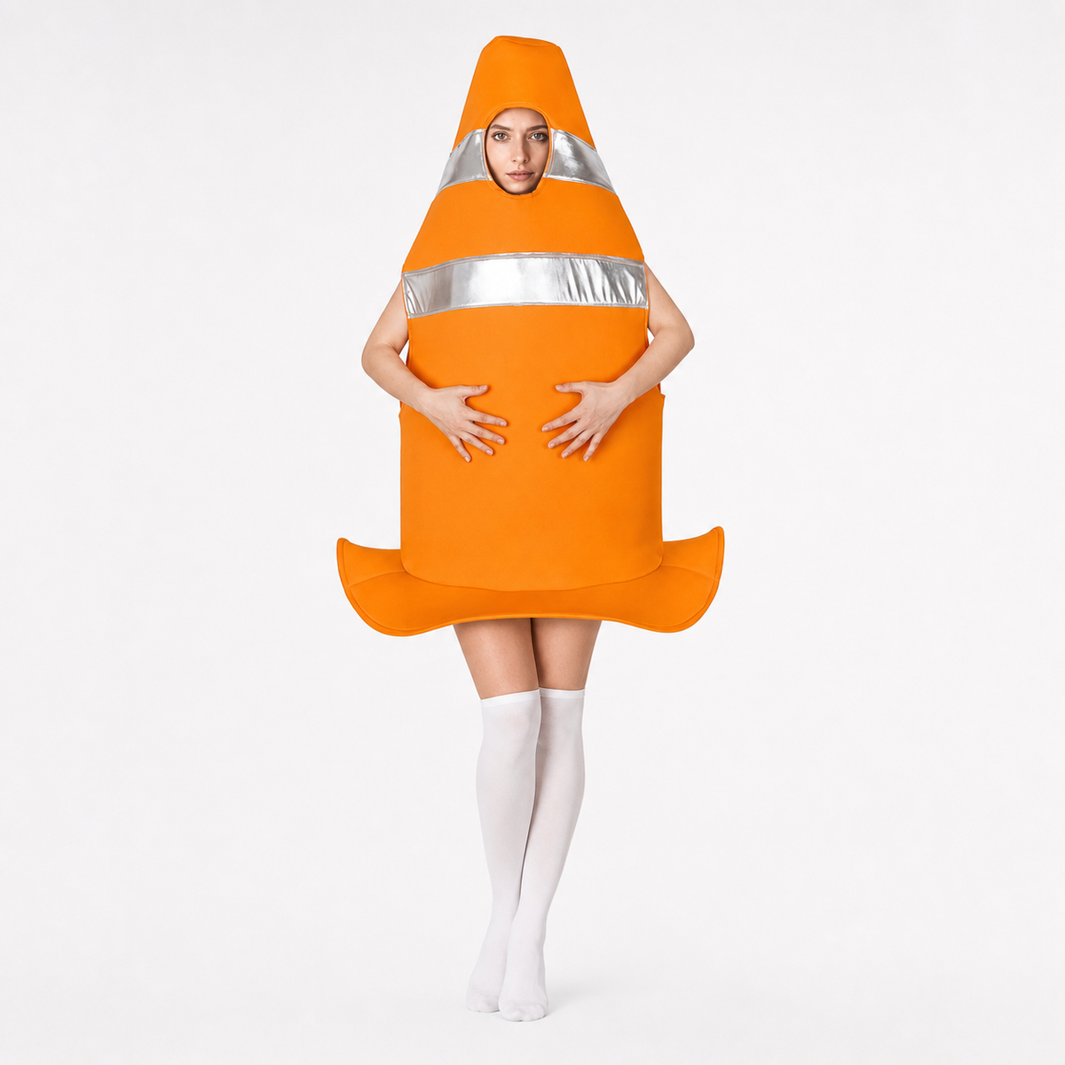 Full-body model wearing an orange cone-shaped costume with two silver bands, a flared bottom edge, and white thigh-high socks