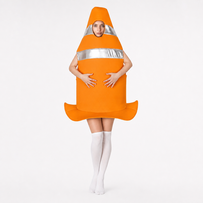 Full-body model wearing an orange cone-shaped costume with two silver bands, a flared bottom edge, and white thigh-high socks
