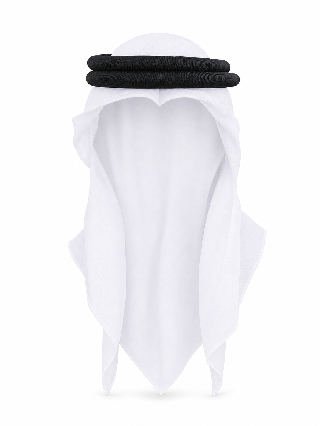White fabric headscarf with a double black agal, shown from the back against a plain white background
