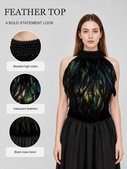 Feather top detail card in English: beaded high collar, iridescent feathers and black base band close-ups