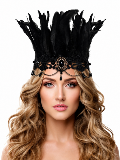 Black feather headpiece with lace trim, oval black centerpiece, chain drapes, and dangling beads shown in a close-up portrait