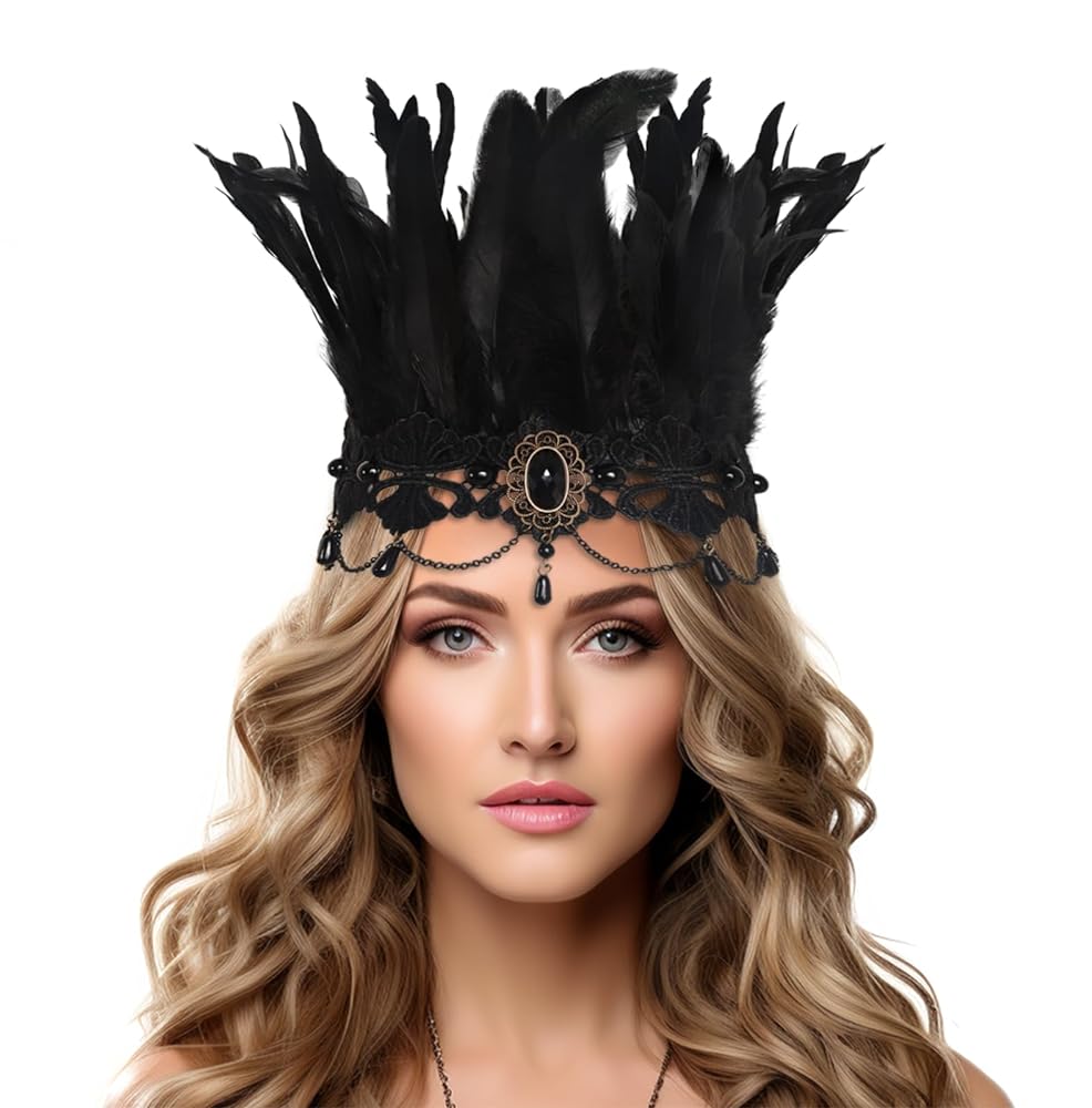 Black feather headpiece with lace band, oval centerpiece, chains, and dangling beads shown in a close-up portrait on a model
