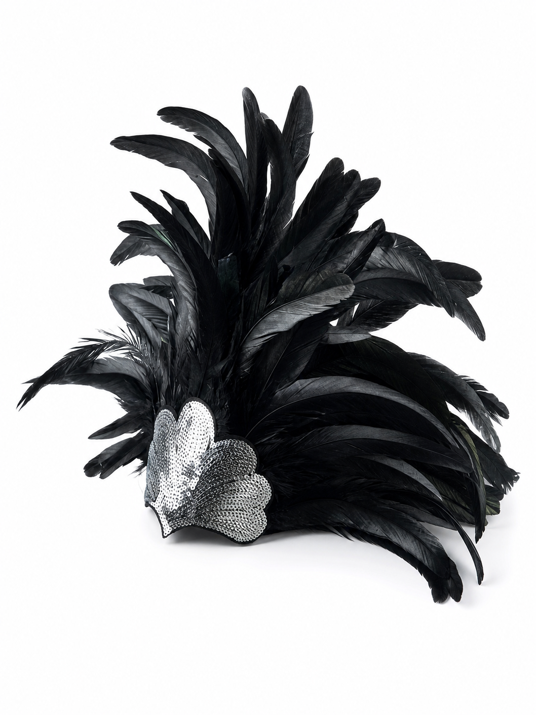 Black feather headpiece with layered feathers and a silver sequined heart centerpiece, shown laid flat
