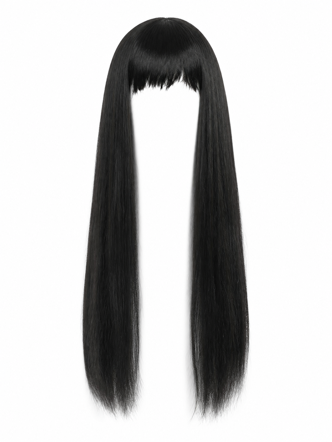 Black straight wig with blunt bangs displayed alone against a white background, showing its long tapered ends