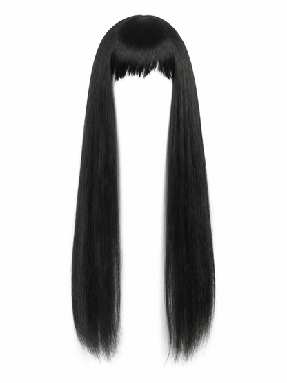 Black straight wig with blunt bangs displayed alone against a white background, showing its long tapered ends