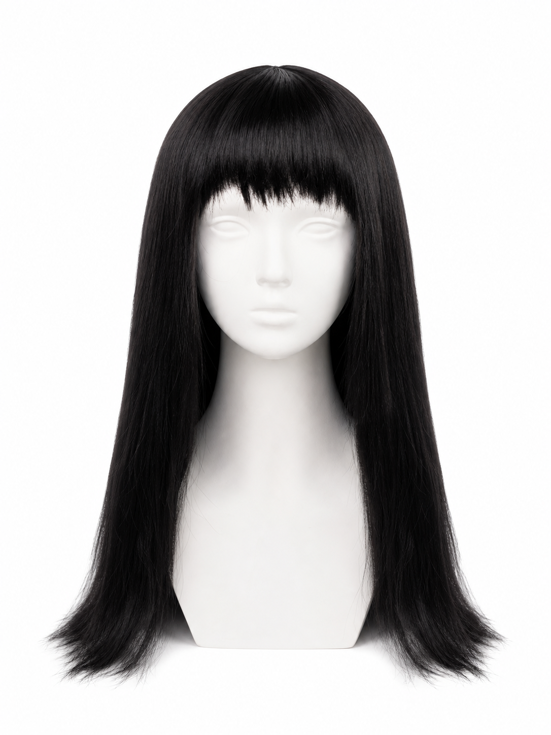 Black straight wig with blunt bangs on a white mannequin head, shown from the front against a plain background