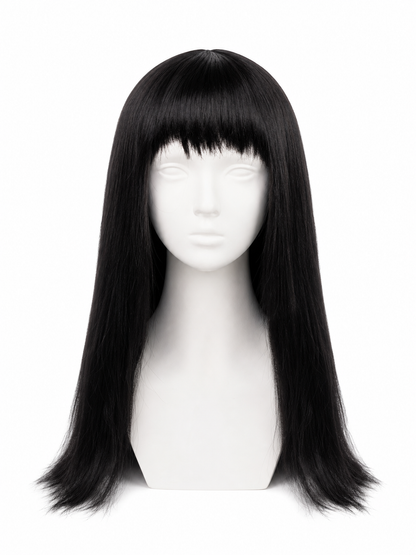 Black straight wig with blunt bangs on a white mannequin head, shown from the front against a plain background