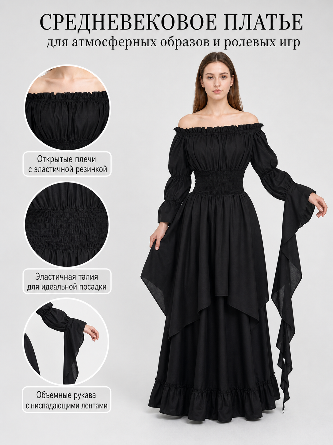 Information card about a medieval-style dress, showing the black off-shoulder design, elastic waist, voluminous sleeves, and hanging ribbon details