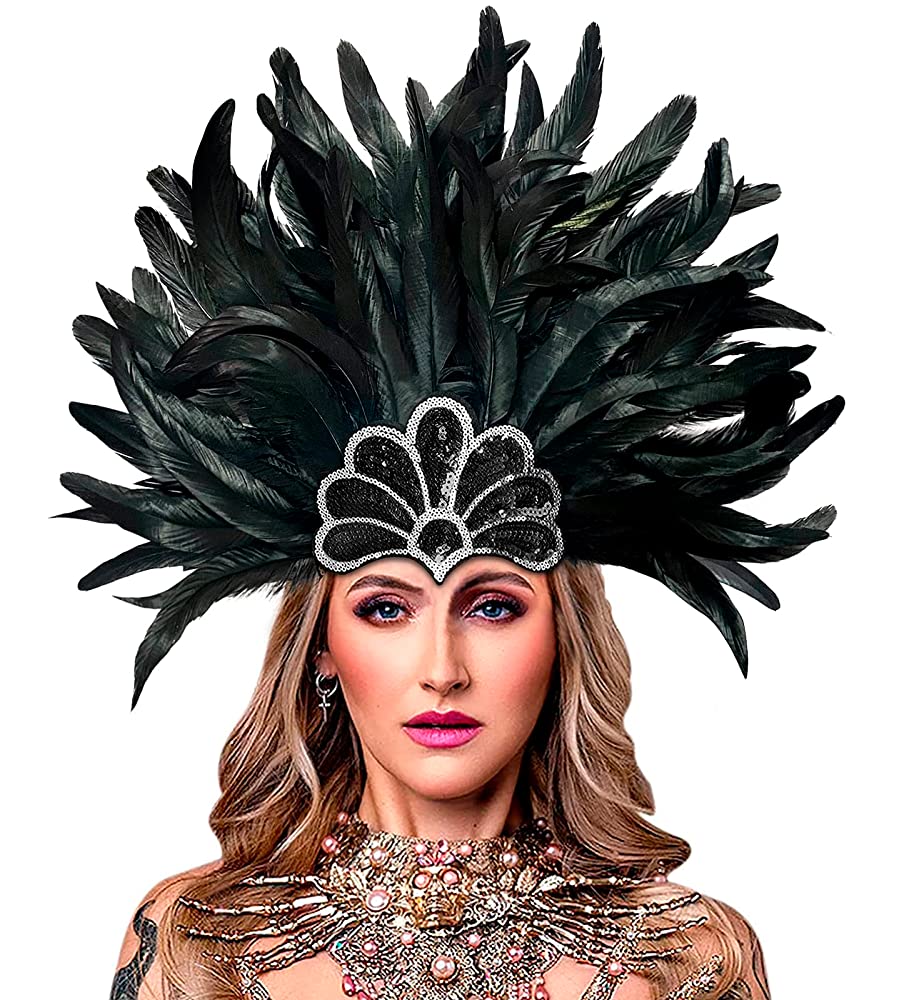 Feather headpiece in black with tall layered plumes and a scalloped sequined front, shown in a close-up portrait