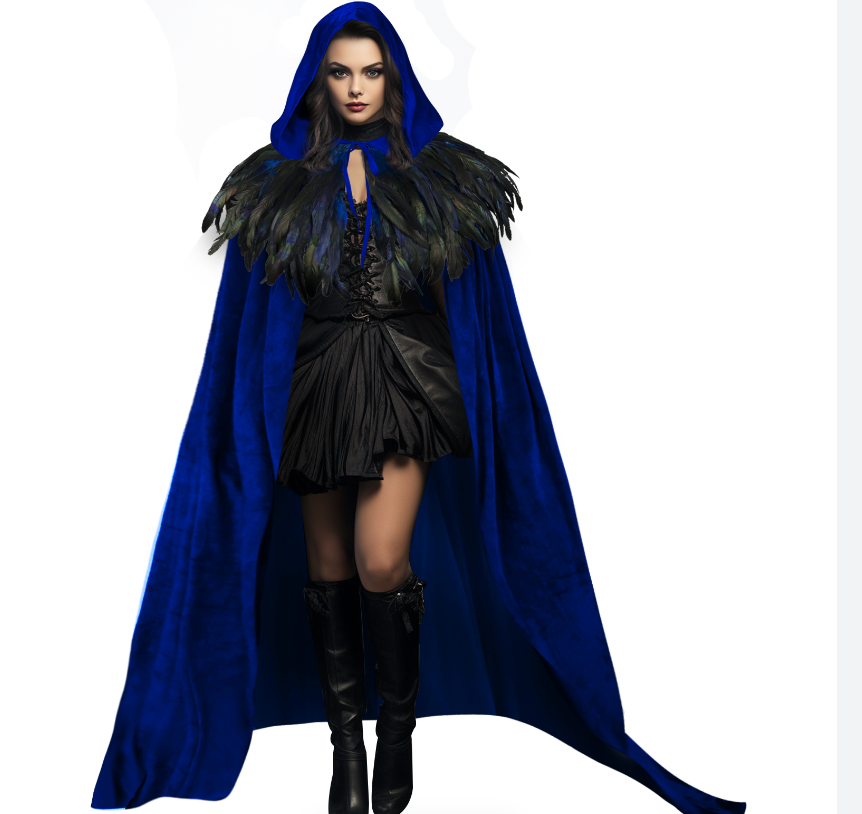 Blue Hooded Feathered Carnival Cape