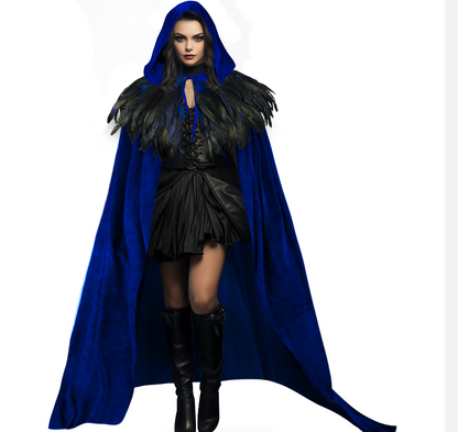 Blue Hooded Feathered Carnival Cape