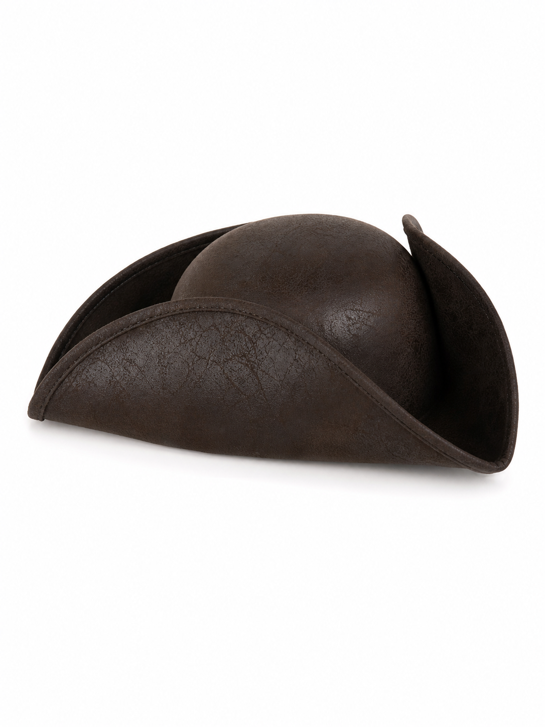 Dark brown faux leather tricorn hat in a front three-quarter product view