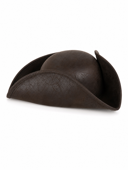 Dark brown faux leather tricorn hat in a front three-quarter product view