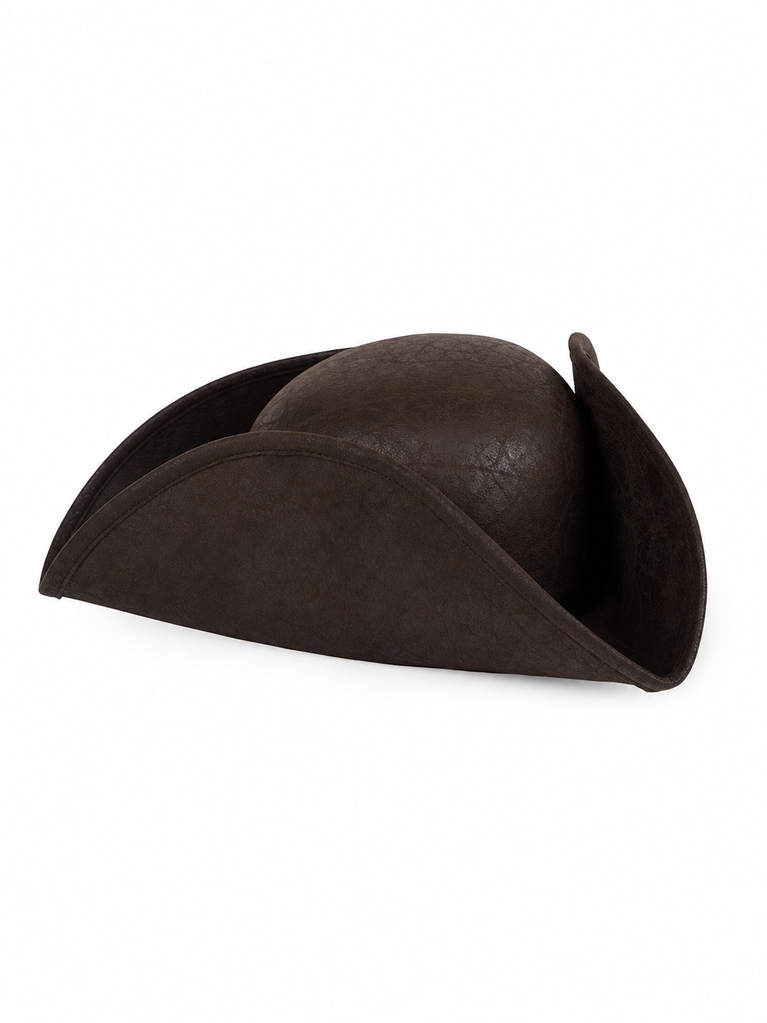 Brown faux leather tricorn hat shown at an angle on a white background