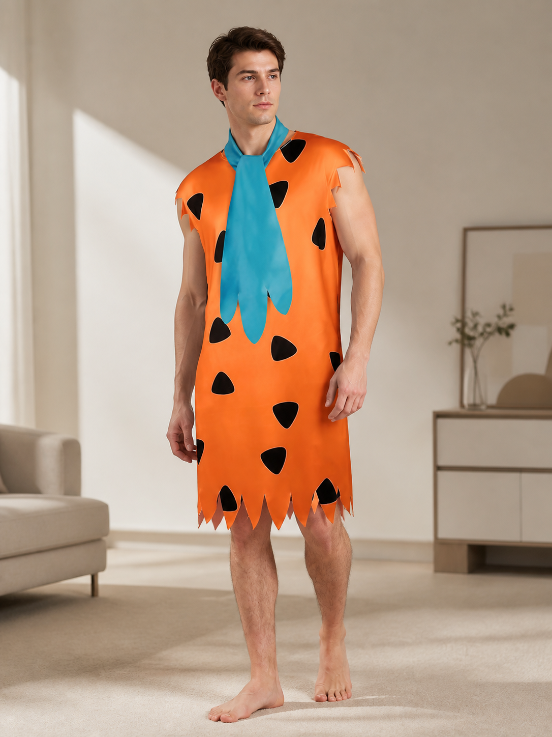 Orange spotted costume tunic with blue tie and torn sleeve and hem edges shown on a standing model