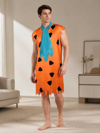 Orange spotted costume tunic with blue tie and torn sleeve and hem edges shown on a standing model