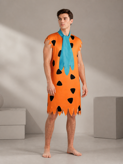 Orange sleeveless costume tunic with black spots, blue tie, and ragged hem shown full-body on a model