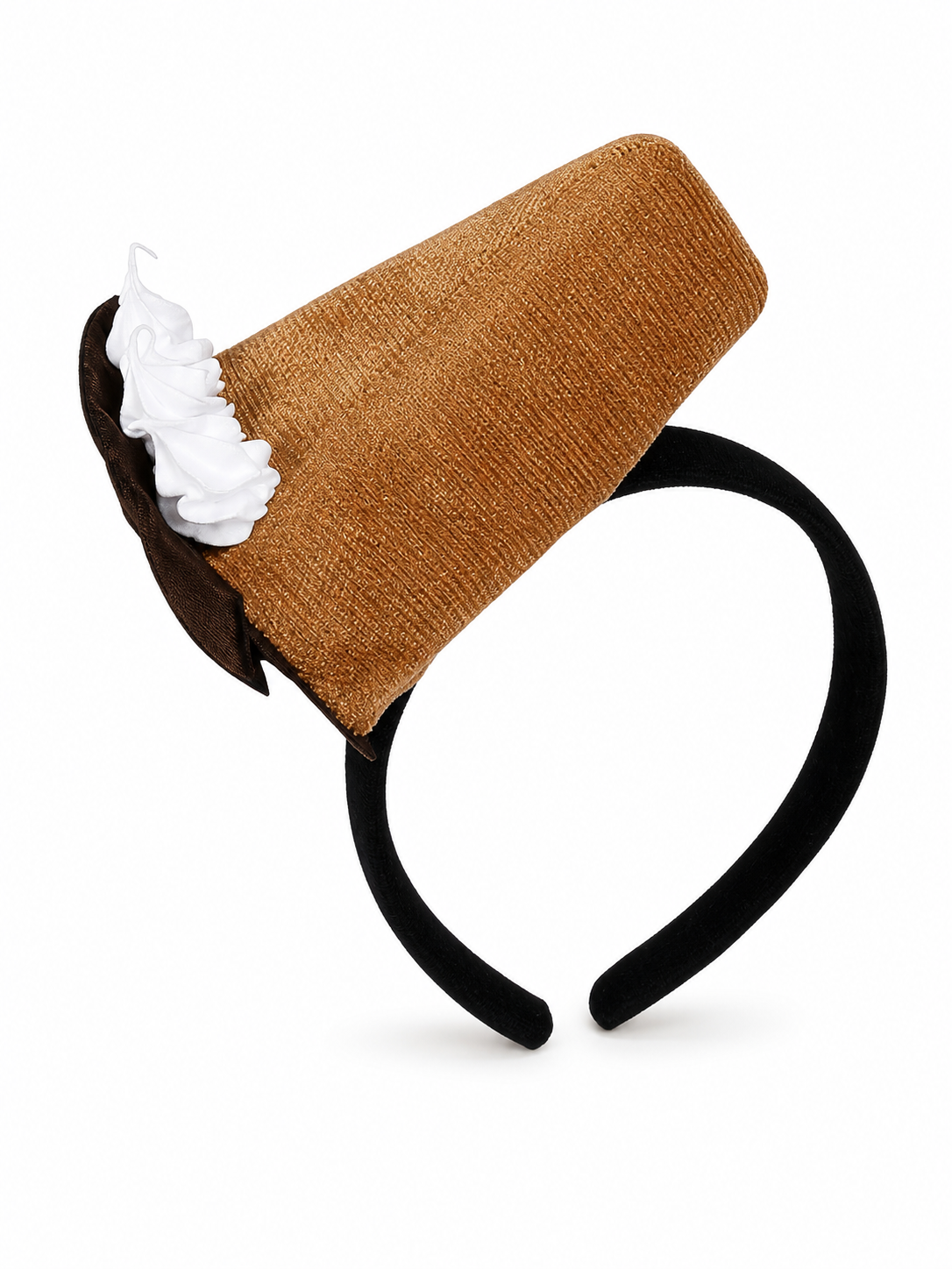 Brown textured dessert-shaped headband with a white cream detail, dark brown end, and black padded band on a white background
