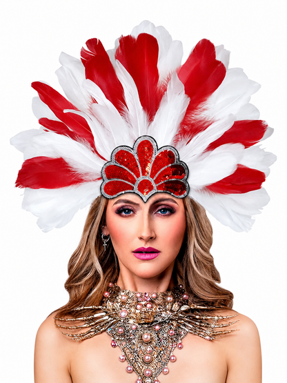 Carnival headpiece with red and white feathers