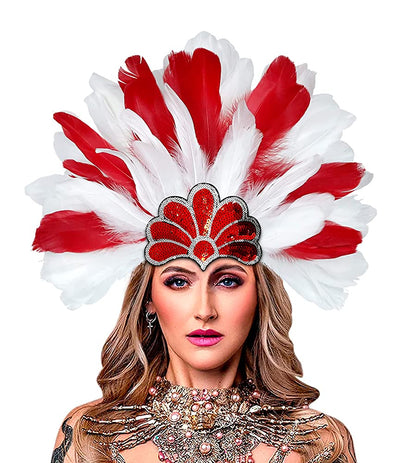 Carnival headpiece with red and white feathers